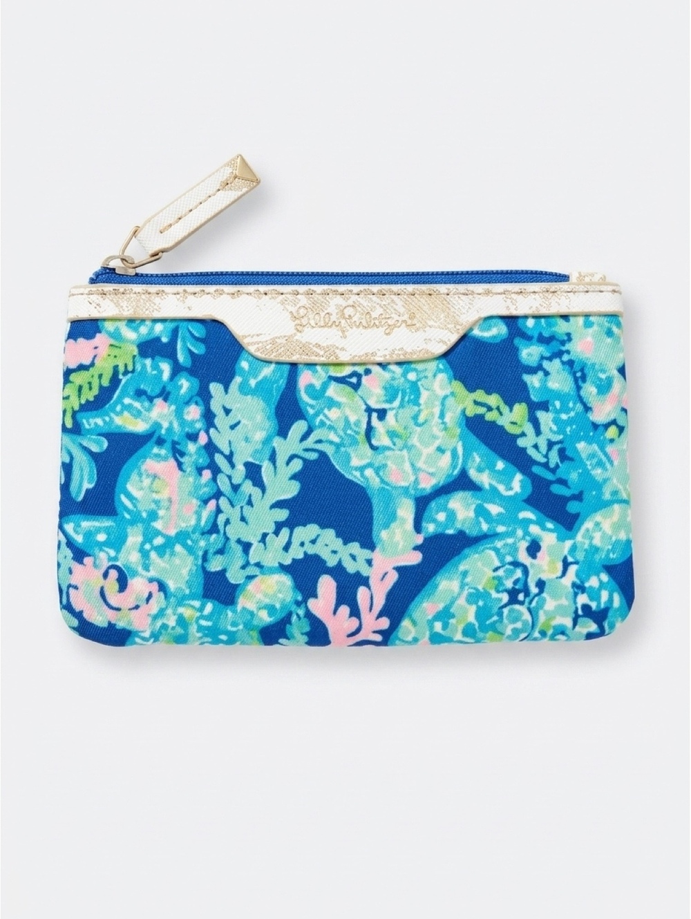 Lilly Pulitzer Blue Floral Zip Wallet with Pink interior and ID Window